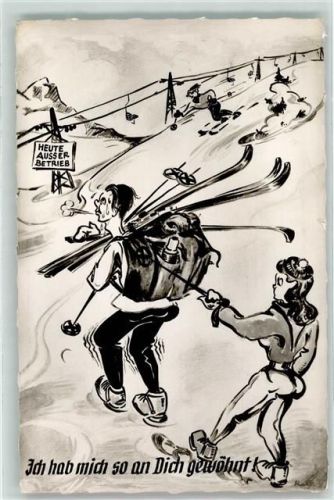 1967 Skitour Frau läßt sich den Berg hochziehen Ich hab mich so an Dich gewöhnt Verlag Peter Triem