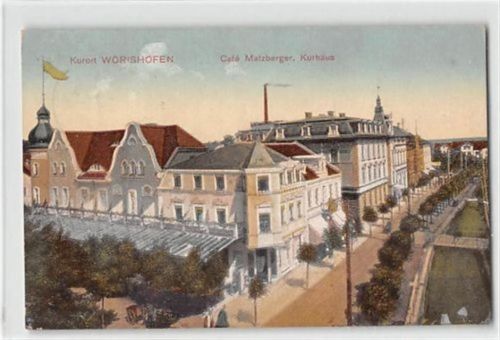 Bad Wörishofen. Café Matzberger, Kurhaus gelaufen. Marke entfernt. Ecken mit Albumabdrücken, leichte Stempelspuren, leicht fleckig, sonst gut erhalten