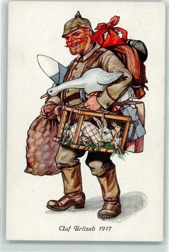Auf Urlaub 1917 Soldat Kaninchen im Käfig, Gans im Arm , Zucker , Kartoffelsack AK