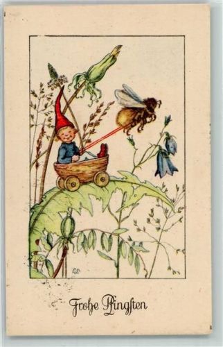 1949 Pfingsten Zwerg Wichtel Biene zieht eine Nuss - Scherbauer Nr. 3/5/2