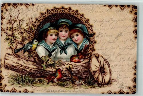 1900 Holzbrand Imitation Verlag Carl Hirsch Serie 30 Kinder Matrosenanzug Vögel Meise