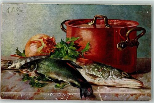 1900 Stilleben Fisch Topf Zwiebel AK