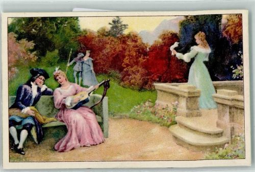 Nr. 1061 sign. Ernst Kiesling Liebespaar Frau mit einer Laute AK