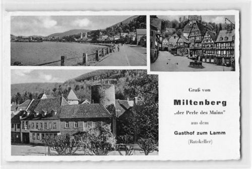 Miltenberg mit Uferpartie, Straßenpartie und Gasthof zum Lamm. Beschrieben, aber postalisch nicht befördert. Leichter Bug an der linken oberen Ecke , sonst gut erhalten