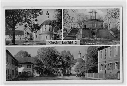 Klosterlechfeld mit Klosterkirche und Calvarienberg gelaufen. Marke entfernt, Abrißspuren. Leicht fleckig, kleiner Knick unten links, sonst gut erhalten