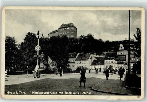 Greiz Hindenburgbrücke mit Blick auds Schloss Tankstelle