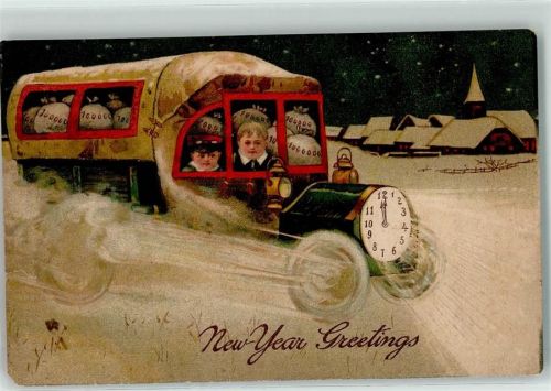 1910 Prägedruck LKW Fantasie mit Uhr Geldsäcke Kinder