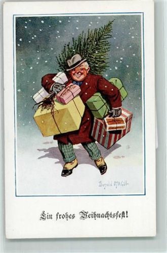 Weihnachten Mann mit einem Tannenbaum und Paketen AK