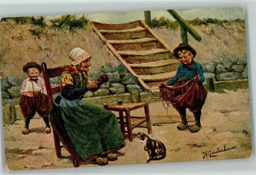 1917 Großmutter Kinder helfen Wolle aufwickeln , Katze Holzschuhe AK