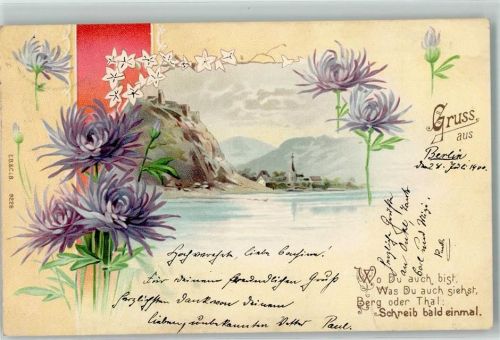 1900 Gruss aus Schreib bald einmal Vers Burg am Rhein Blumen