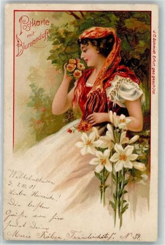 Blumenduft Frau in Tracht Verlag J.C. Schmidt Duftkarte 1901 Lithographie