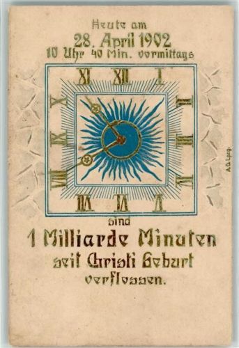 Uhr 1 Milliarde Minuten seit Christi Geburt vergangen Christlicher Anlass 1902 Prägedruck