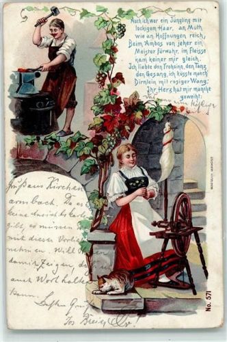 1899 Spinnrad Katze Poesie / Liebe Verse