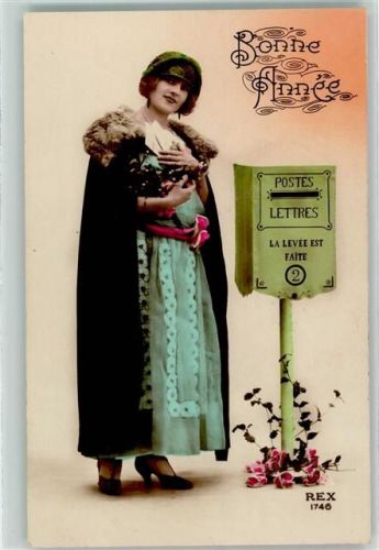 Verlag REX 1746 Bonne Anne Frau Pelzmode handcoloriert AK Briefkasten Fotomontage AK