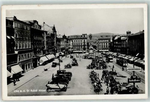 Linz 1938 Adolf Hitler Platz , Straßenbahn Litfaßsäule AK