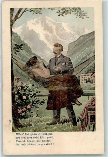 1900 Frau in der Hängematte , Liebespaar - Poesie Spruch
