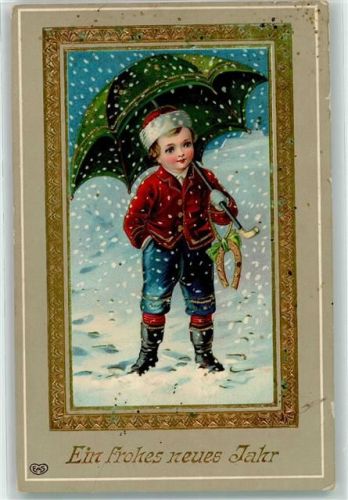 1913 Junge Regenschirm Hufeisen Neujahr Schnee