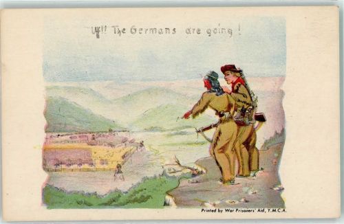WK II Deutsche Soldaten in Canada in Kriegsgefangenschaft Printed by War Prisoners Aid. Y.M.C.A. Comic Karten Kriegsgefangenkarte