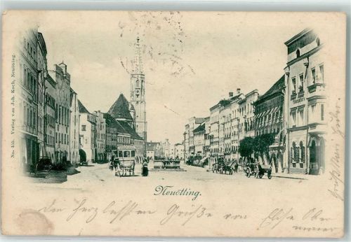 Neuötting 1898 Marktplatz Kutsche Holzkarren Brunnen