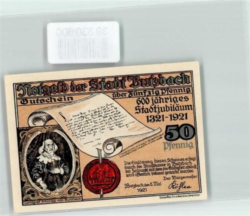 Butzbach Notgeld der Stadt Butzbach Gutschein über 50 Pfennig 600 jähriges Stadtjubiläum Nr. D 5124