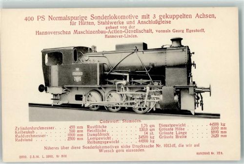 Linden 400 PS Normalspurige Sonderlokomotive 3 gekuppelte Achsen Hanomag Nr.72a