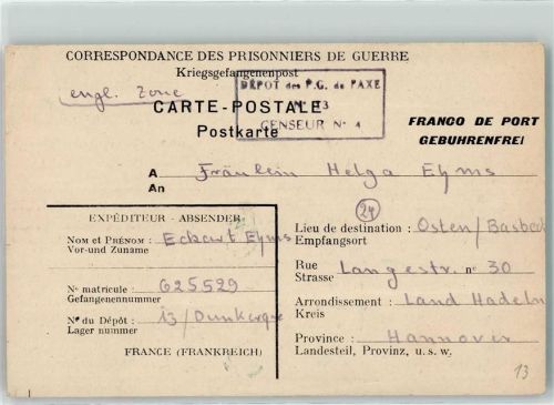 Dunkerque Kriegsgefangenenpost Ehms