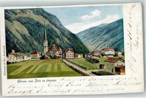 Zell 1903 Kirche Gruss Zillerthal Lithographie