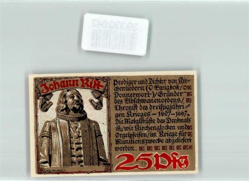 Wedel Notgeld 25 Pfennig Wappen Kaiser Schwert Rot Weis 1921 Johann Rist Prediger Dichter