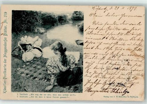 Nr. 519 sign Oskar Bluhm - Backfische Erotik im Text : Wie mag das sein, wenn man verliebt ist? Bist du denn in keiner Pension gewesen ? Meggendorfer Blätter 1898 Gebrauchsspuren