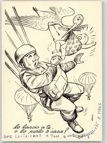 Storch mit Baby Karikatur Militär Italien Fallschirm