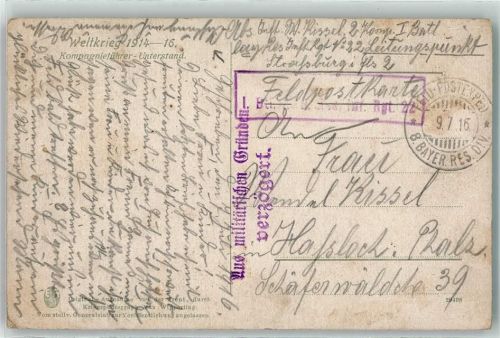 1916 Feldpostexped. 8. Bayer. Res. Div. Stempel aus militärischen Gründen verzögert Weltkrieg 1914 - 16 Kompagnieführer Unterstand