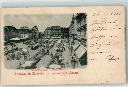 Zagreb 1901 - Jelacio Platz Marktszene Litfaßsäule