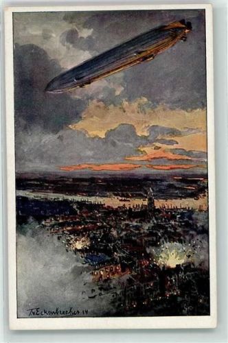 sign. Eckenbrecher - Zeppelin über Antwerpen AK Luftflottenverein Künstlerkarte