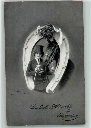 Neujahr Pferd Reiterin Hufeisen 1914