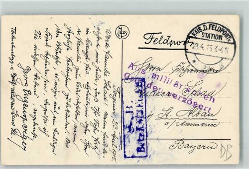 1915 Kais. D. Feldpoststation Chalet du Roi Ostende Stempel aus militärischen Gründen verzögert