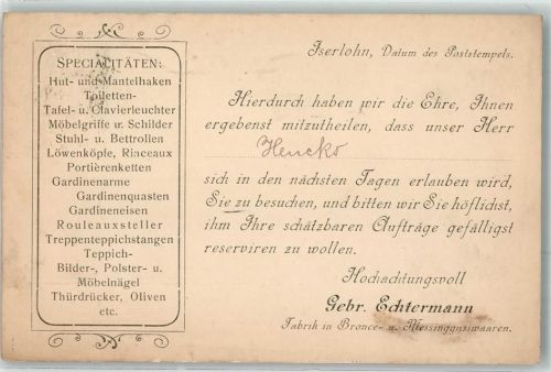 Iserlohn 1903 Drucksache Gebr. Echtermann