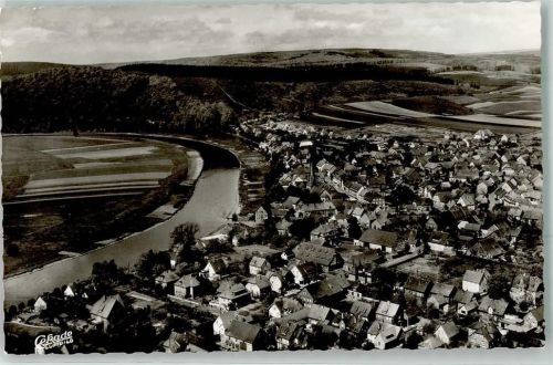 Bodenfelde Fliegeraufnahme mit Weser und der Christus Kirche