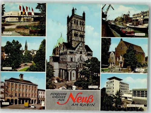 Neuss Stadthalle St. Quirinus Hafen Zeughaus Schwann Gymnasium Rathaus Drususplatz Auto Brunnen Kran Schiff Boot