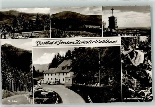 94227 W8372 Zwieslerwaldhaus Foto AK Gasthaus Pension Am Schachten Gr. Arber Höllbachspreng Gr. Falkenstein-Gipfel Hüttenstempel