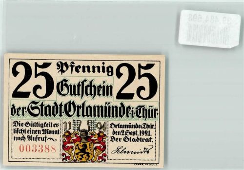 Orlamünde 1921 25 Pfennig Gutschein der Stadtrat Nr. 003388
