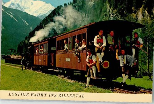 Finkenberg 1974 Dampflokomotive Eisenbahn im Zillertal mit Trachtenkapelle Diverse Hüttenstempel nur Scan beschnitten