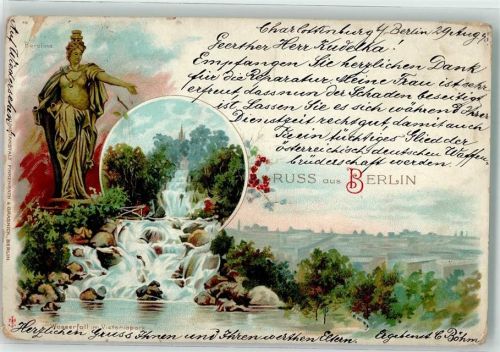 Kreuzberg 1898 Lithographie Wasserfall im Victoria Park Berolina