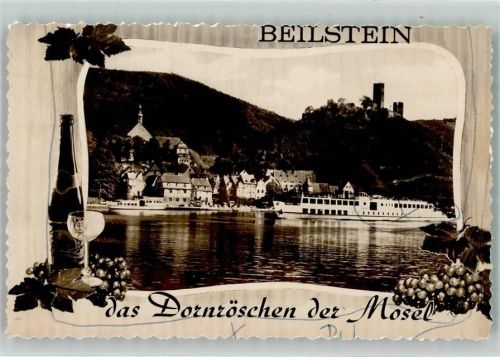Beilstein Fahrgastschiff auf der Mosel mit Burgruine Metternich Wein Römer