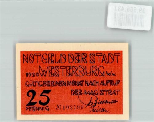 Westerburg Notgeld 25 Pfennig 1920 Blumen Rot Schwarz