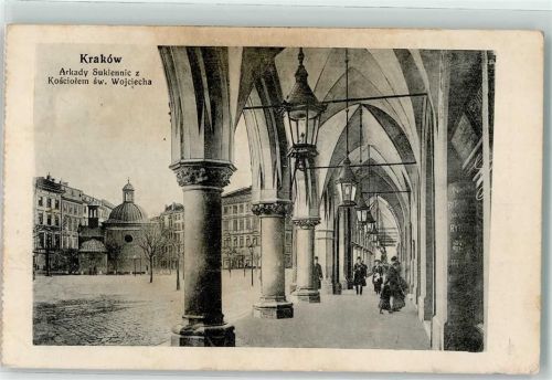 Krakau 1922 Arkaden der Tuchhallen mit der Kirche St. Wojciech