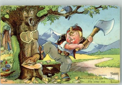 Junge Tracht Axt Baum fällen Vogel Serie Nr. 36 Minouvis Künstlerkarte