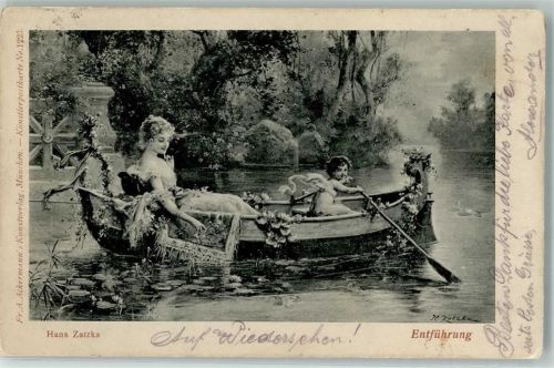 1903 Amor Frau Ruderboot Seerosen Entführung Verlag Ackermann Nr.1223 Künstlerkarte