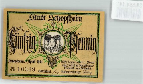 Schopfheim 1921 Schwarzwaldtracht 50 Pfennig Wappen Hans und Verene sign. J.P. Hebel