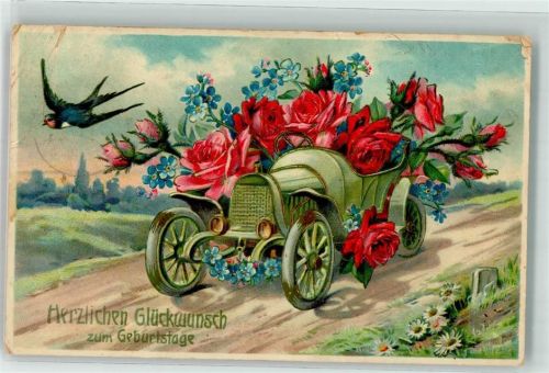 Glückwunsch Oldtimer Rosen Vergissmeinnicht Schwalbe Lithographie