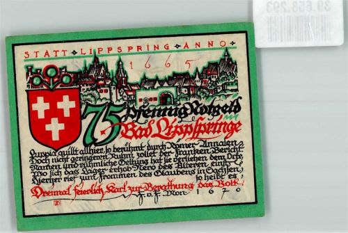 Bad Lippspringe 1921 75 Pfennig Die Sachsentaufe Karls d. Gr. a.d. Quelle d. Lippe Anno 776